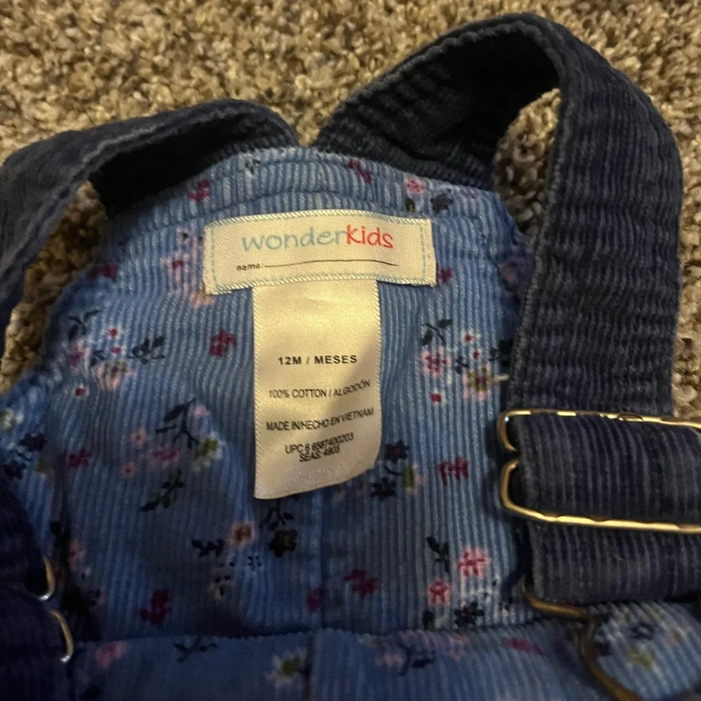 Vintage Wonderkids Overall Dress Jumper Corduroy Blue Ditzy Floral‎ 12 M Pleated